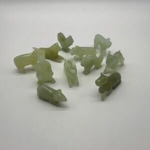 Chinese Zodiac Green Hand Fine Carving Jade Animal Figurines 11 Count Set Mini